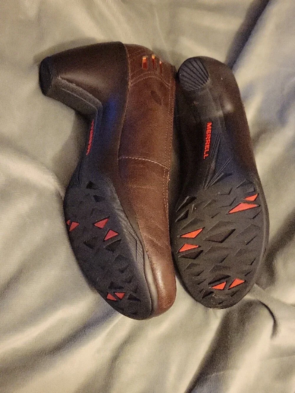 Merrell Dark Brown Leather Wedge Pumps with Red Lining